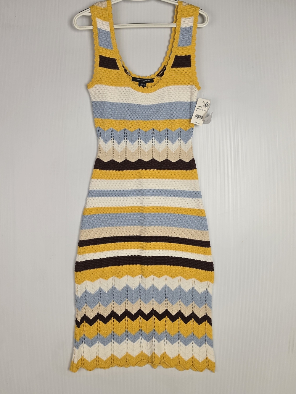 French Connection Yellow, Light Blue, Cream & Brown Striped Knit Midi Dress NWT